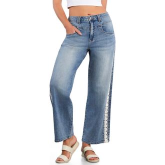 HINT OF BLU Dasis Chain Inset Barrel Leg Jeans in Classic Blue at Nordstrom, Size 27