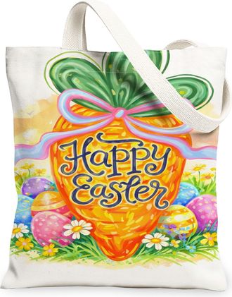 Generic Easter Carrot Canvas Tote Bags, Colorful Egg Pattern Reusable Grocery Bags, Spring Lightweight Washable Shoulder Strap Canv, White, 13x15 Inch
