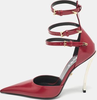 Versace Burgundy Brushed Leather Pin-Point Ankle Strap Pumps