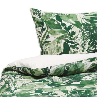 Beliani Conjunto De Fundas Y Almohada Algod&oacute;n Verde Y Blanco 155 X 220 Cm Estampado De Hojas Dormitorio Moderno Estilo Boho Greenwood