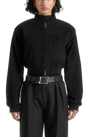 Mani&egrave;re De Voir Monique Suede Wide Shoulder Bomber Jacket in Black at Nordstrom, Size 10
