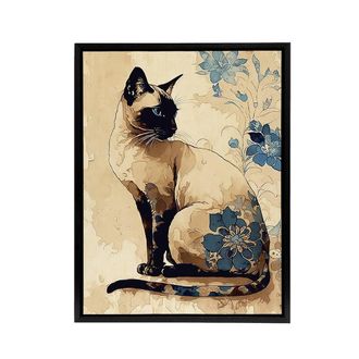 Artery8 Siamese Cat Floral Watercolour Portrait Framed Canvas Wall Art Print | Size: W24 x H32
