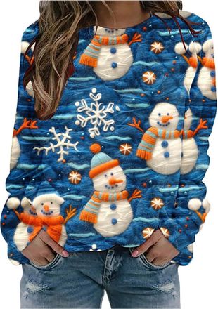 Generic Womens Christmas Jumpers Christmas Jumpers for Women Ladies Santa Claus Xmas Tree Snowman Printed Sweatshirt Cute Funny Hilarious Ugly Sweater (b-Sky 