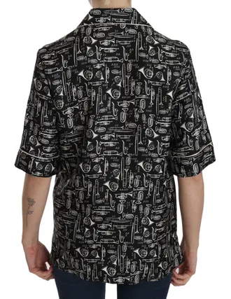 Dolce & Gabbana Black Musical Instrument Print Silk Womens Top