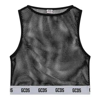 GCDS Gcds, Tops, Dames, Zwart, M, Polyester, Net Top met Logoband