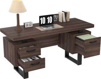 STILVORA Escritorio Recto Con 2 Cajones Y 1 Compartimento Para Archivadores, En Mdf Y Metal, Negro Y Marr&oacute;n, Oficina