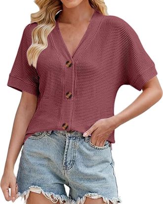 Generic Womens Vest Tops Womens Summer Knitted Tops Dressy Short Sleeve Button V Neck Loose Fit Cardigans Lightweight Casual Elegant Party Holiday Waffle Knit