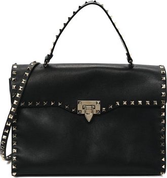 Valentino Black Grained Calfskin Leather Rockstud Top Handle Flap Shoulder Bag (Authentic Pre-Loved)