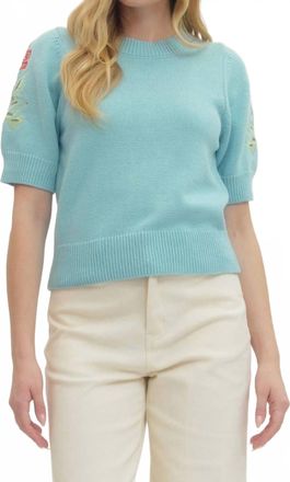 Entro Puff Sleeve Embroidered Knit Top In Seabreeze