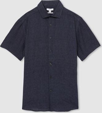 Reiss Navy Slim Fit Linen Button-through Shirt, L