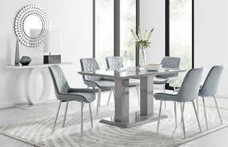 Furniturebox Imperia 6 Grey Dining Table & 6 Pesaro Silver Leg Chairs
