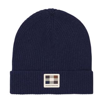 Aquascutum Rubber Patch Beanie - Heren - Accessoires - Blauw - Maat: ONE Size Zijde