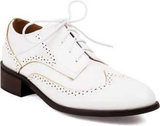 Generic Womens Lace Up Oxford Brogues Perforated Trim Block Heel Round Toe Textured Upper Dress Shoes Comfortable for Fashion Party,White,10.5 UK