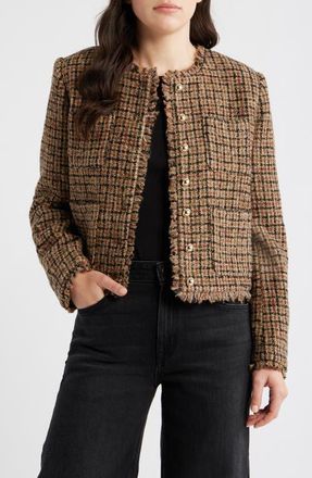 Bernardo Fringe Crop Cotton Tweed Jacket in Gingham Pattern at Nordstrom, Size Xx-Large