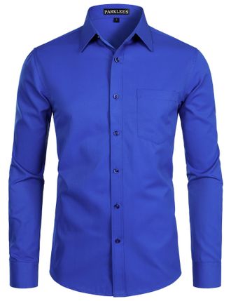 PARKLEES Mens Long Sleeve Dress Shirt Solid Slim Fit Casual Business Formal Button Up Shirts with Pocket Royal Blue 2XL