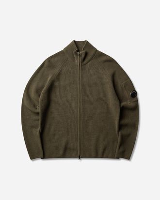 C.P. Company Men s Waffle Knit Cotton Zip Lens Cardigan Ivy Green