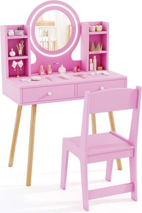 Costway Kids Vanity Set Princess Vanity Desk Set w/ LED Lighted Mirror-Pink