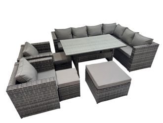 Fimous 11 Seater Patio Dining Corner Sofa Sets with 2 Chairs 3 Stools in Dark Grey
