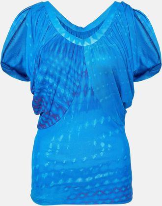 Roberto Cavalli Blue Printed Jersey Draped Sleeve Top