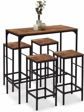 IDMarket Tavolo Da Bar E 4 Sgabelli Dayton, Alti 100 Cm, In Legno Scuro Con Effetto Distressed E Design Industriale Nero
