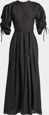 Gabriela Hearst Linnea Ruched-Sleeve Pleated Linen Maxi Dress With Belt