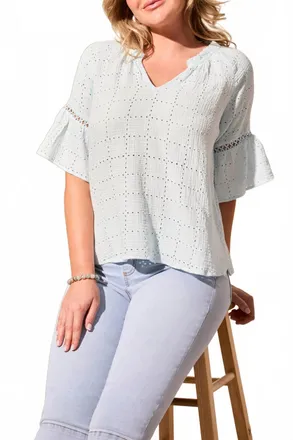 Tribal Raglan Sleeve Blouse With Fancy Tape In Water