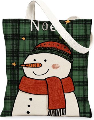 Generic Christmas Snow Man Canvas Tote Bags, Plaid Pattern Reusable Bags, Winter Lightweight Washable Shoulder Strap Canvas for Tra, Green, 13x15 Inch