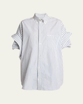 Balenciaga Tucked-Sleeve Striped Poplin Shirt