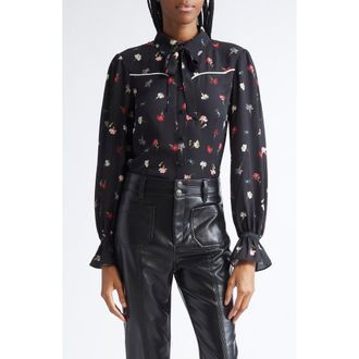 Cinq &agrave; Sept Kelela Print Tie Neck Shirt in Black Multi at Nordstrom Rack, Size X-Small
