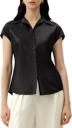 LilySilk Bias Cut Cap-Sleeve Silk Shirt in Black at Nordstrom, Size X-Large