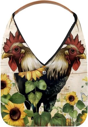 Generic Rooster Sunflower Wooden Board Painting Reusable Lightweight Grocery Bags - Foldable Into Compact Pouch, Washable & Sturdy, Multipurpose for Shopping 