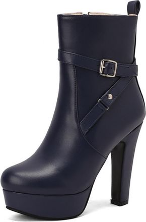 Generic Womens Platform High Heel Ankle Boots Faux Leather Buckle Detail Round Toe Side Zipper Chunky Hells Stylish Evening Party Date Night Casual,Blue,4.5 U