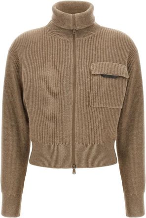 Brunello Cucinelli Truien & Vesten, Dames, Beige, L, Kasjmier, Shiny Flap Detail Cropped Cardigan