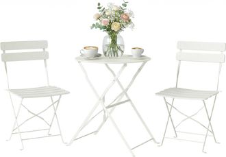 OUTSUNNY Conjunto De Mesa Y Sillas De Terraza Exterior De 3 Piezas, Con 2 Sillas Plegables, Mesa Redonda, Estructura Met&aacute;lica Electrof&oacute;rica, Crema