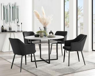 Furniturebox Adley Grey Concrete Effect Round Dining Table & 4 Calla Black Leg Velvet Chairs