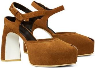 Tory Burch Ankle Strap Peep Toe Platform Pump in Cognac Brown at Nordstrom, Size 5.5