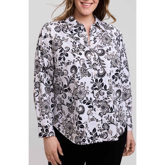 Foxcroft Margie Daisy Cotton Button-Up Shirt in White/multi at Nordstrom, Size 2X