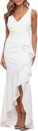 Betsy & Adam V-Neck Cascade Ruffle High-Low Gown in White at Nordstrom, Size 14P