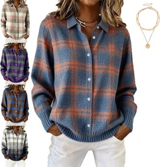 Generic Womens Plaid Print Casual Cotton Buttoned Cardigan Sweater,New Plaids Knitted Cropped Cardigans Sweater with Shirt Collar (Blue,L)