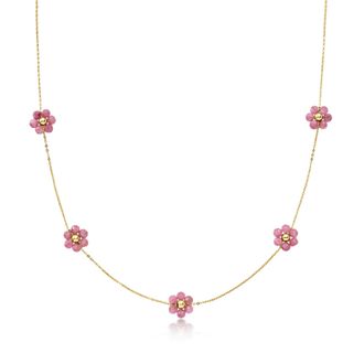Ross-Simons Pink Tourmaline Bead Flower Station Necklace in 14kt Yellow Gold