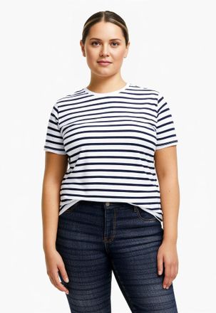 Only Carmakoma Kurzarmshirt ONLY CARMAKOMA CARNEW SOPH SS Y/D STRIPE JEANS TEE JRS, Damen, Gr. M, cloud dancer stripes:total eclipse, Jersey, Obermaterial: 100% Baum