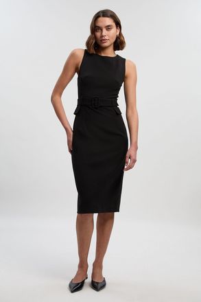 Karen Millen Womens Compact Essenital Belted Midi Pencil Dress - Black - Size 12 UK