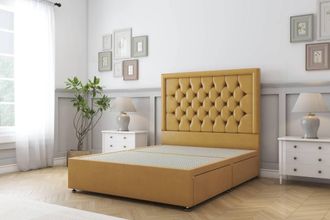 Sloomy Montana Plush Divan Bed Base 4 Drawers - 26 Headboard in Mustard | Size: Double