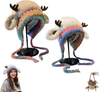 Generic Festive Christmas Antler Hat & Bag 2-in-1, Cute Christmas Antler Beanie Hat, Creative Reindeer Beanie for Women & Adults, Warm Knitted Deer Winter Cap