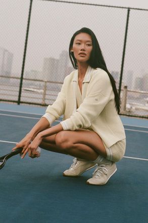 Alo | Tennis Club Sweater Knit Cardigan Top in Oatmeal/White, Size: Medium