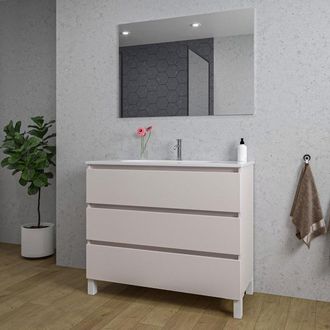 Saniclass Chaci PLUS Badkamermeubelset - 100x86x46cm - keramische wastafel wit - 1 ovale wasbak - 1 kraangat - 3 lades - rechthoekige spiegel - mat cotton (beig