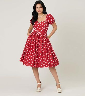 Unique Vintage Puff Sleeve Sweetheart Fit & Flare Dress in Red W/White Heart Print at Nordstrom, Size X-Small