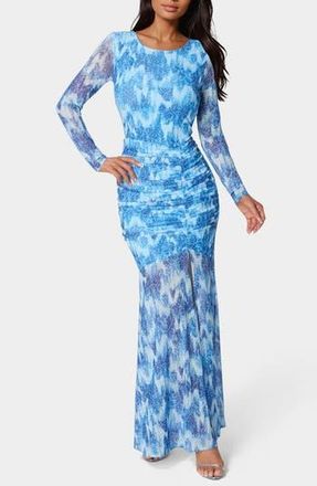 Bebe Floral Long Sleeve Mesh Mermaid Gown in Light Blue at Nordstrom Rack, Size X-Small