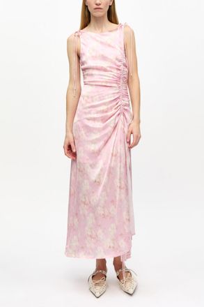 Ganni Pink Printed Satin Gathered Dress - Size 32 Viscose
