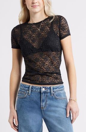 BP. Short Sleeve Stretch Lace Top in Black at Nordstrom, Size Xx-Small